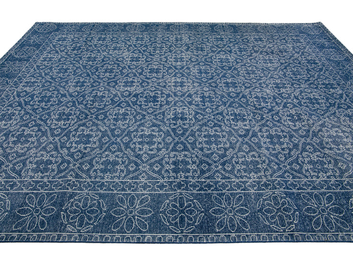 Blue Mid-Century Modern Style Handmade Floral Trellis Motif Wool Rug