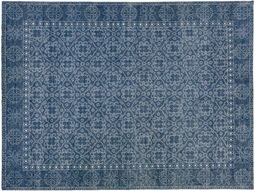 Mid-Century Modern Style Handmade Floral Trellis Motif Navy Blue Wool Rug