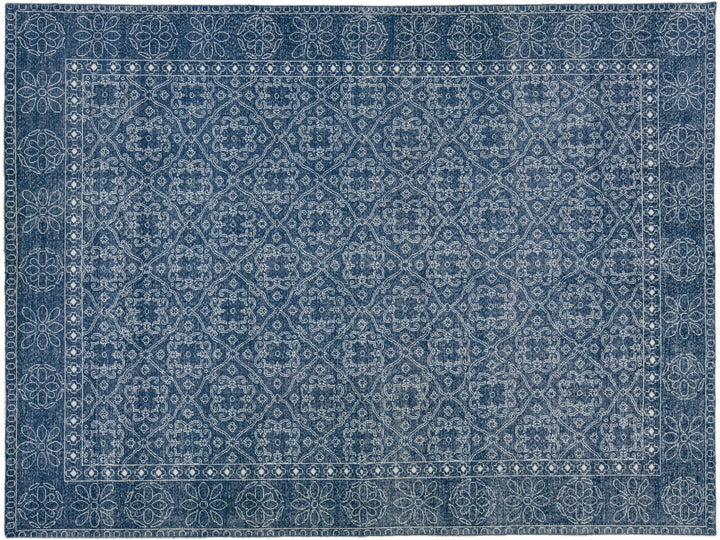 Mid-Century Modern Style Handmade Floral Trellis Motif Navy Blue Wool Rug