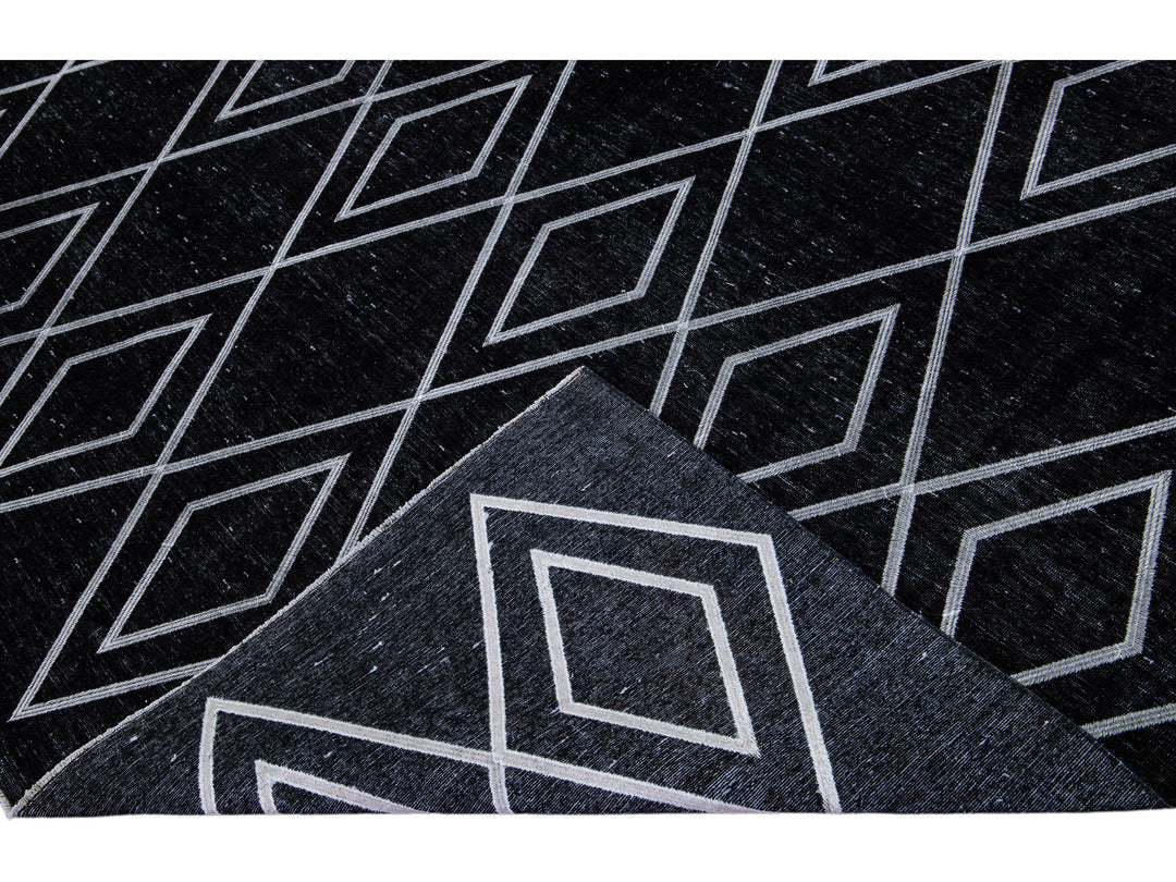 Black Modern Turkish Handmade Geometric Diamond Pattern Wool Rug