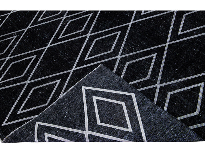 Black Modern Turkish Handmade Geometric Diamond Pattern Wool Rug