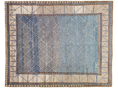 Modern Turkish Oushak Handmade Geometric Designed Blue Wool Rug
