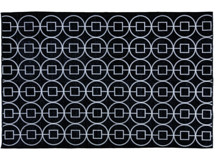 Modern Turkish Handmade Geometric Pattern Black Wool Rug