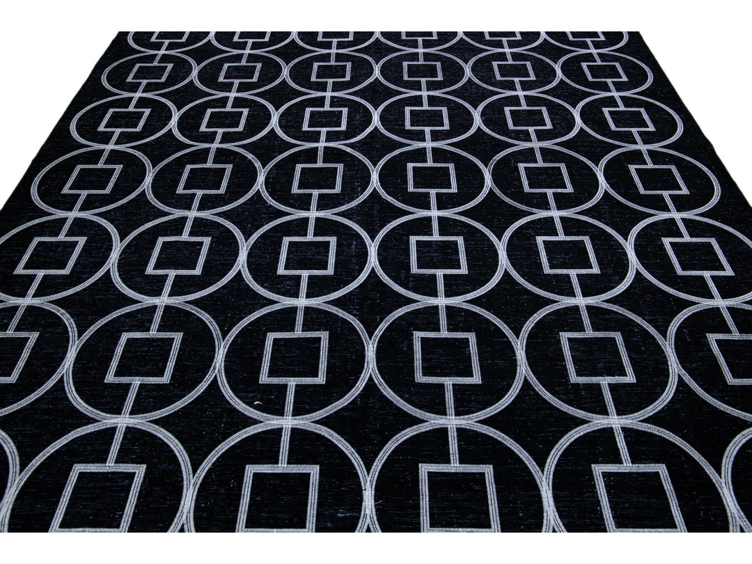 Modern Turkish Handmade Geometric Pattern Black Wool Rug