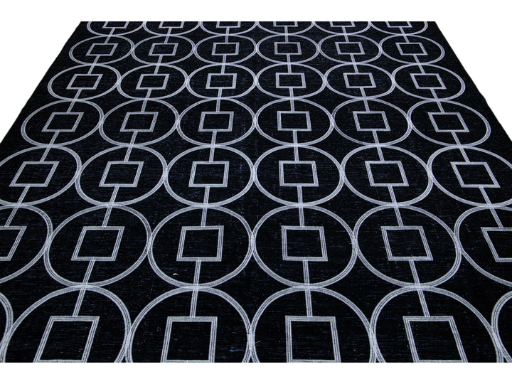 Modern Turkish Handmade Geometric Pattern Black Wool Rug