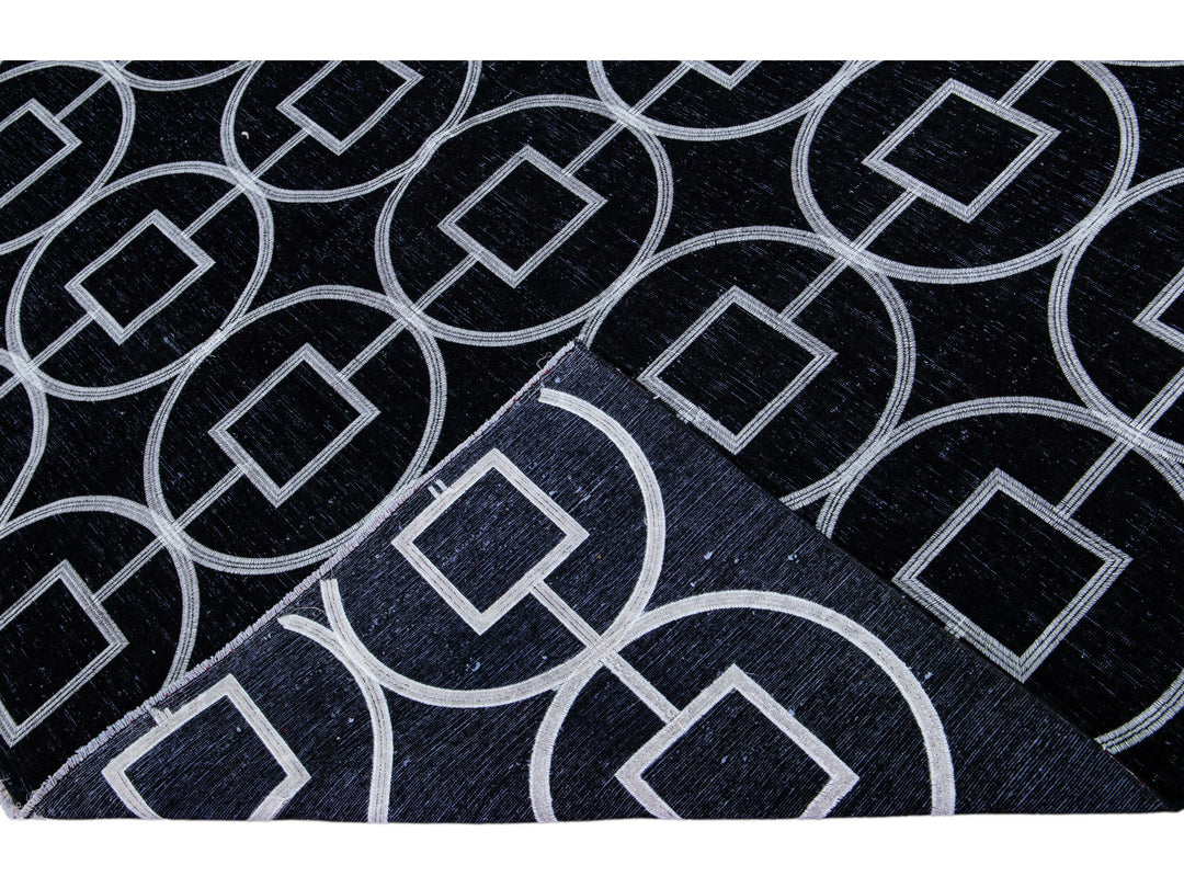 Modern Turkish Handmade Geometric Pattern Black Wool Rug