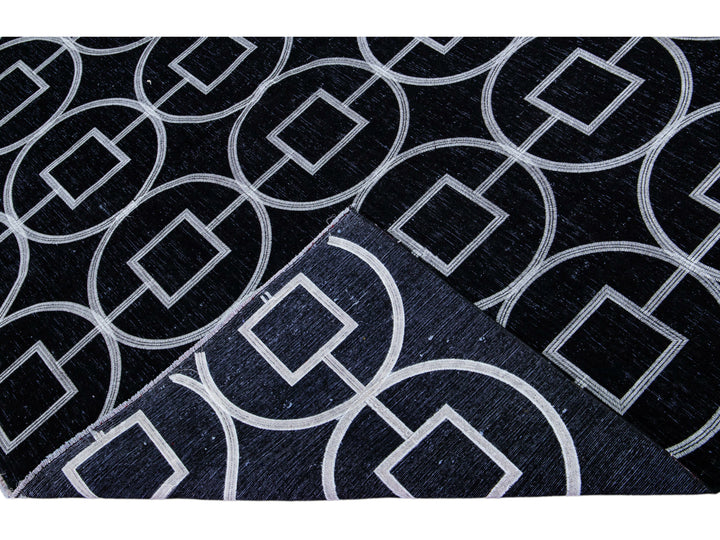 Modern Turkish Handmade Geometric Pattern Black Wool Rug