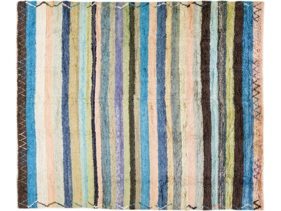 Modern Multicolor Tulu Handmade Striped Pattern Wool Rug