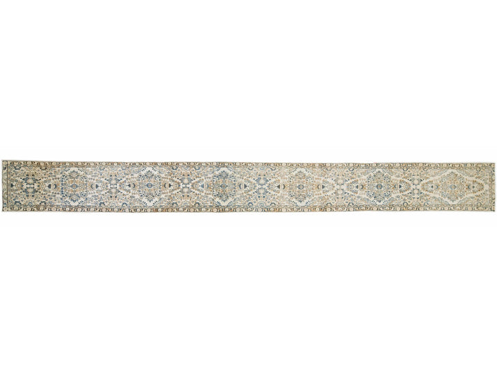 Antique Persian Heriz Handmade Floral Beige Long Wool Runner