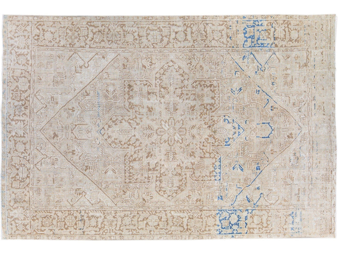 Antique Persian Heriz Beige Handmade Medallion Designed Wool Rug