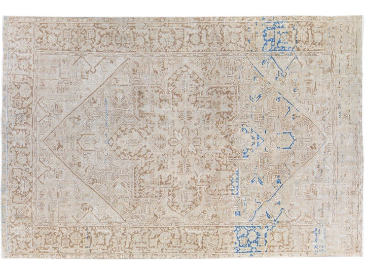 Antique Persian Heriz Beige Handmade Medallion Designed Wool Rug