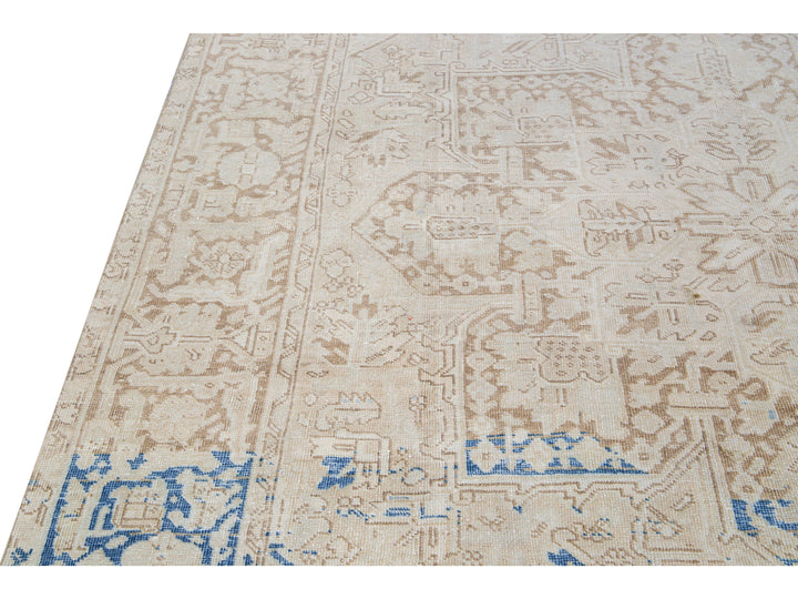 Antique Persian Heriz Beige Handmade Medallion Designed Wool Rug