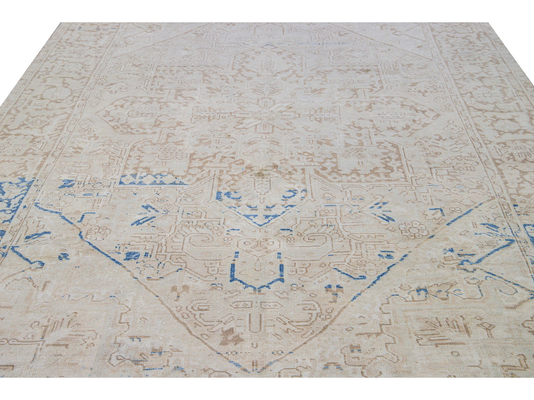 Antique Persian Heriz Beige Handmade Medallion Designed Wool Rug
