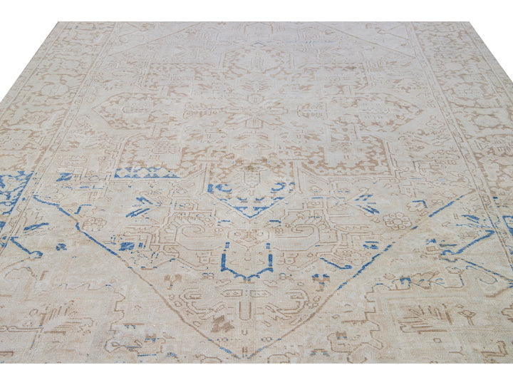 Antique Persian Heriz Beige Handmade Medallion Designed Wool Rug