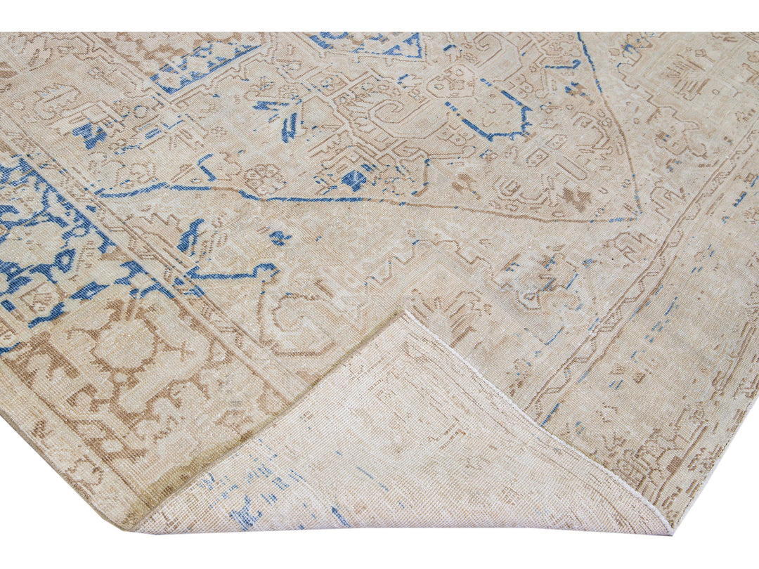 Antique Persian Heriz Beige Handmade Medallion Designed Wool Rug