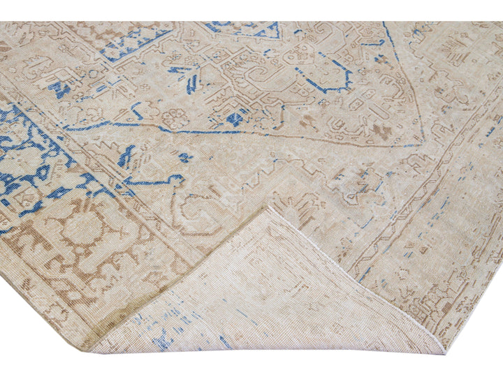 Antique Persian Heriz Beige Handmade Medallion Designed Wool Rug