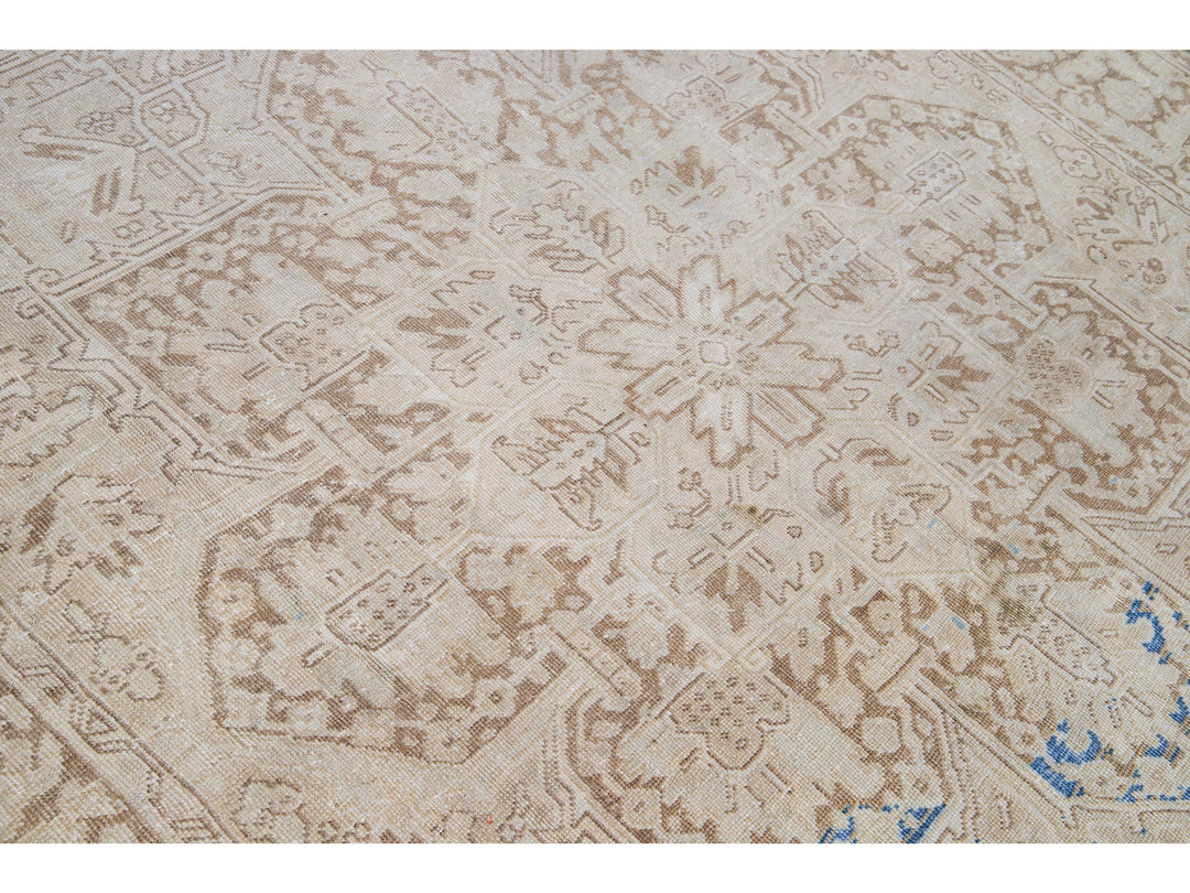 Antique Persian Heriz Beige Handmade Medallion Designed Wool Rug