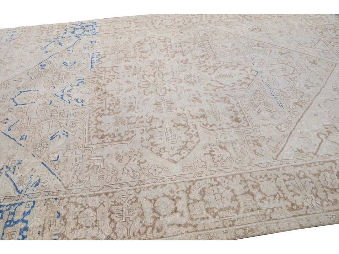 Antique Persian Heriz Beige Handmade Medallion Designed Wool Rug