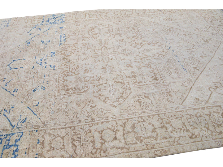 Antique Persian Heriz Beige Handmade Medallion Designed Wool Rug