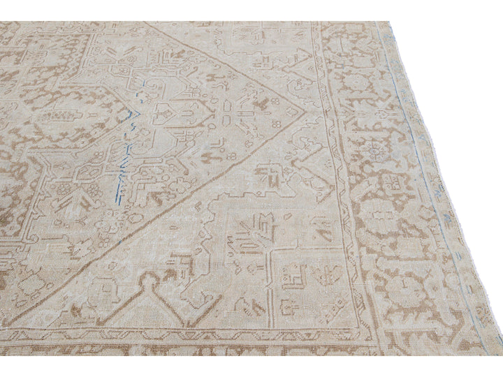Antique Persian Heriz Beige Handmade Medallion Designed Wool Rug