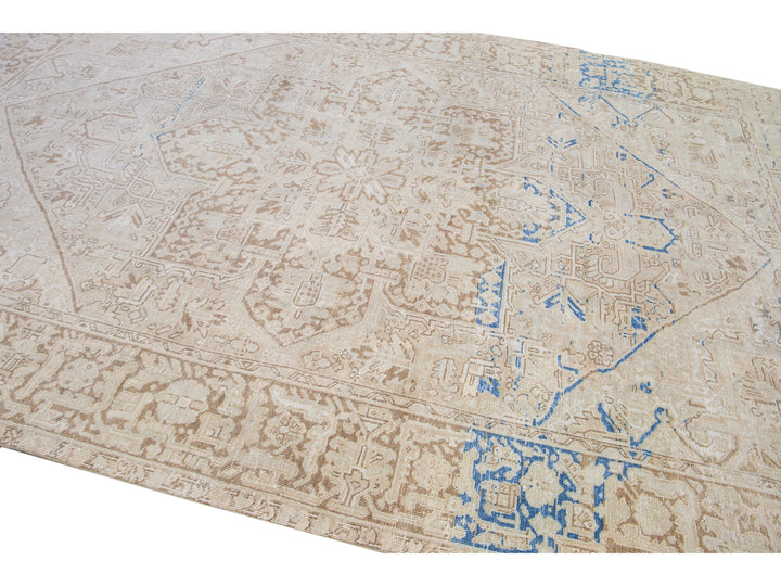 Antique Persian Heriz Beige Handmade Medallion Designed Wool Rug