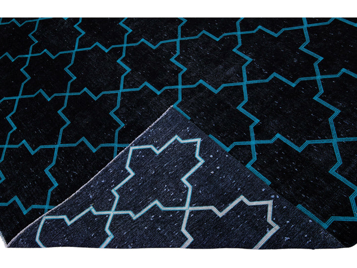 Modern Black Turkish Handmade Blue Geometric Trellis Pattern Wool Rug