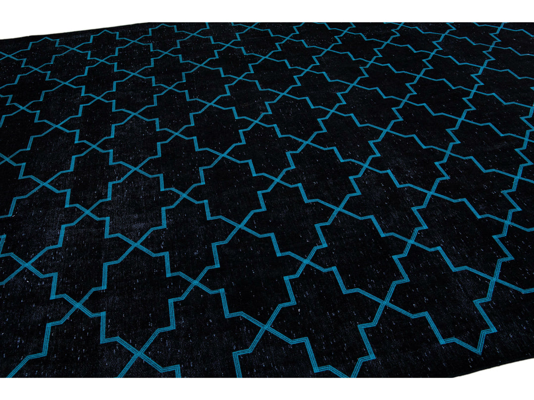 Modern Black Turkish Handmade Blue Geometric Trellis Pattern Wool Rug