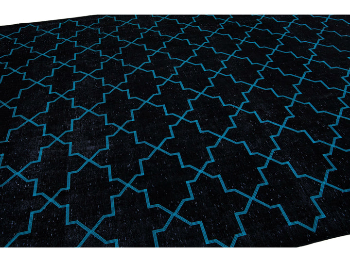 Modern Black Turkish Handmade Blue Geometric Trellis Pattern Wool Rug