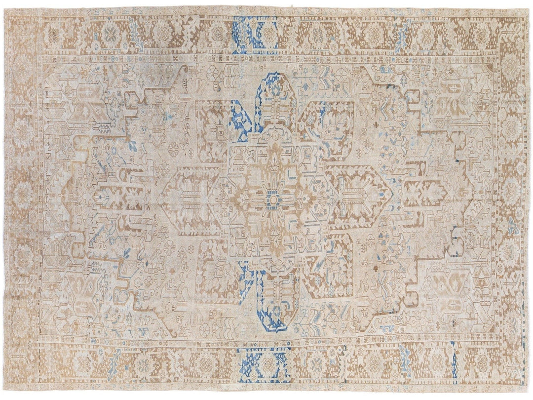 Antique Persian Heriz Handmade Medallion Designed Beige and Blue Wool Rug