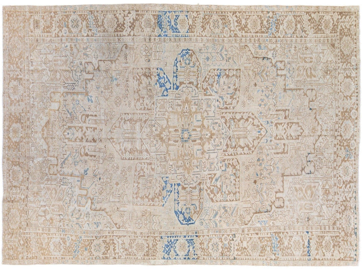 Antique Persian Heriz Handmade Medallion Designed Beige and Blue Wool Rug