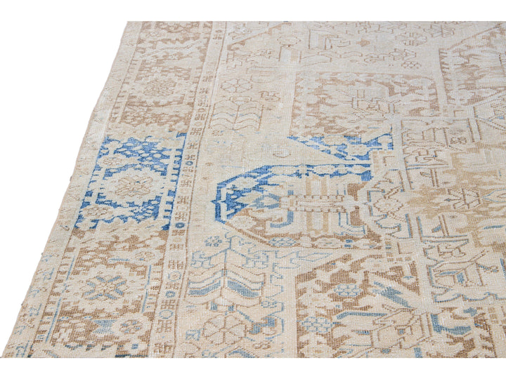 Antique Persian Heriz Handmade Medallion Designed Beige and Blue Wool Rug