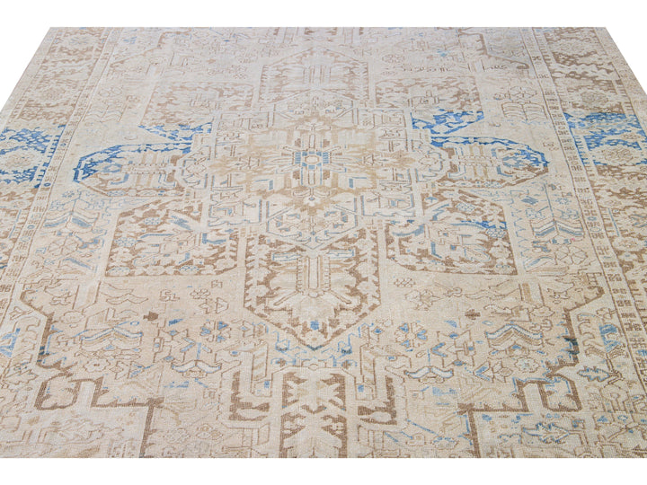 Antique Persian Heriz Handmade Medallion Designed Beige and Blue Wool Rug