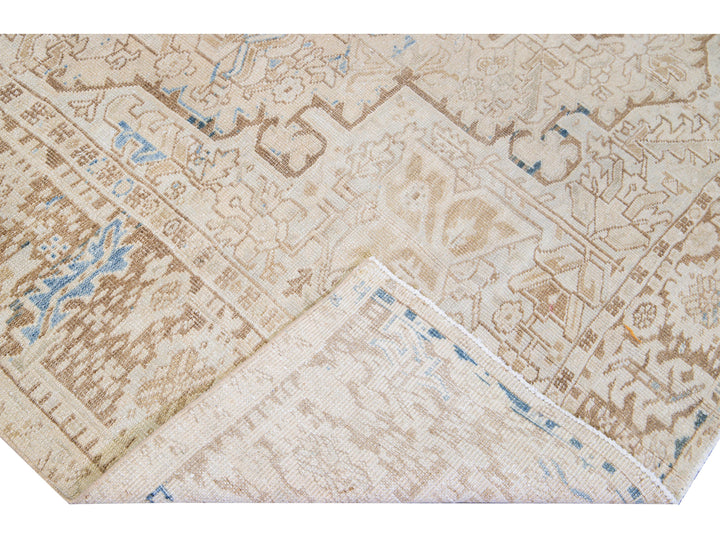 Antique Persian Heriz Handmade Medallion Designed Beige and Blue Wool Rug