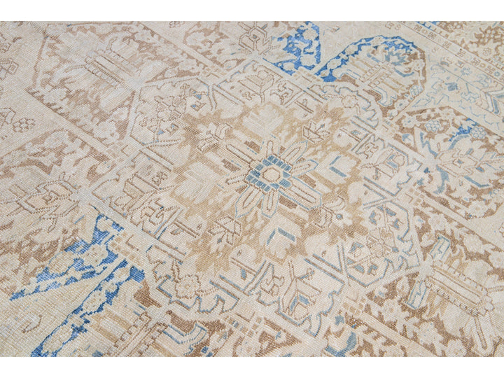 Antique Persian Heriz Handmade Medallion Designed Beige and Blue Wool Rug