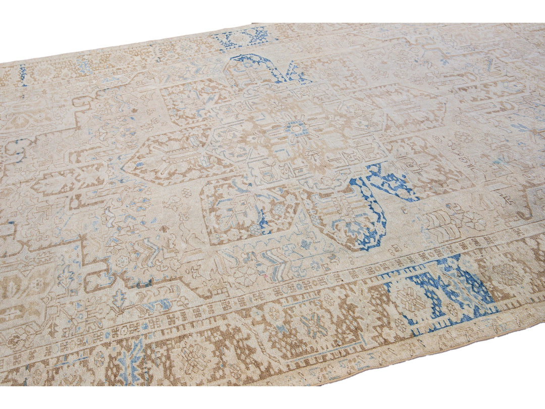 Antique Persian Heriz Handmade Medallion Designed Beige and Blue Wool Rug