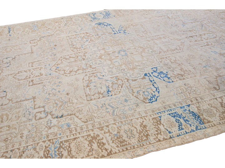 Antique Persian Heriz Handmade Medallion Designed Beige and Blue Wool Rug