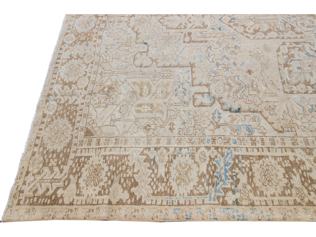Antique Persian Heriz Handmade Medallion Designed Beige and Blue Wool Rug