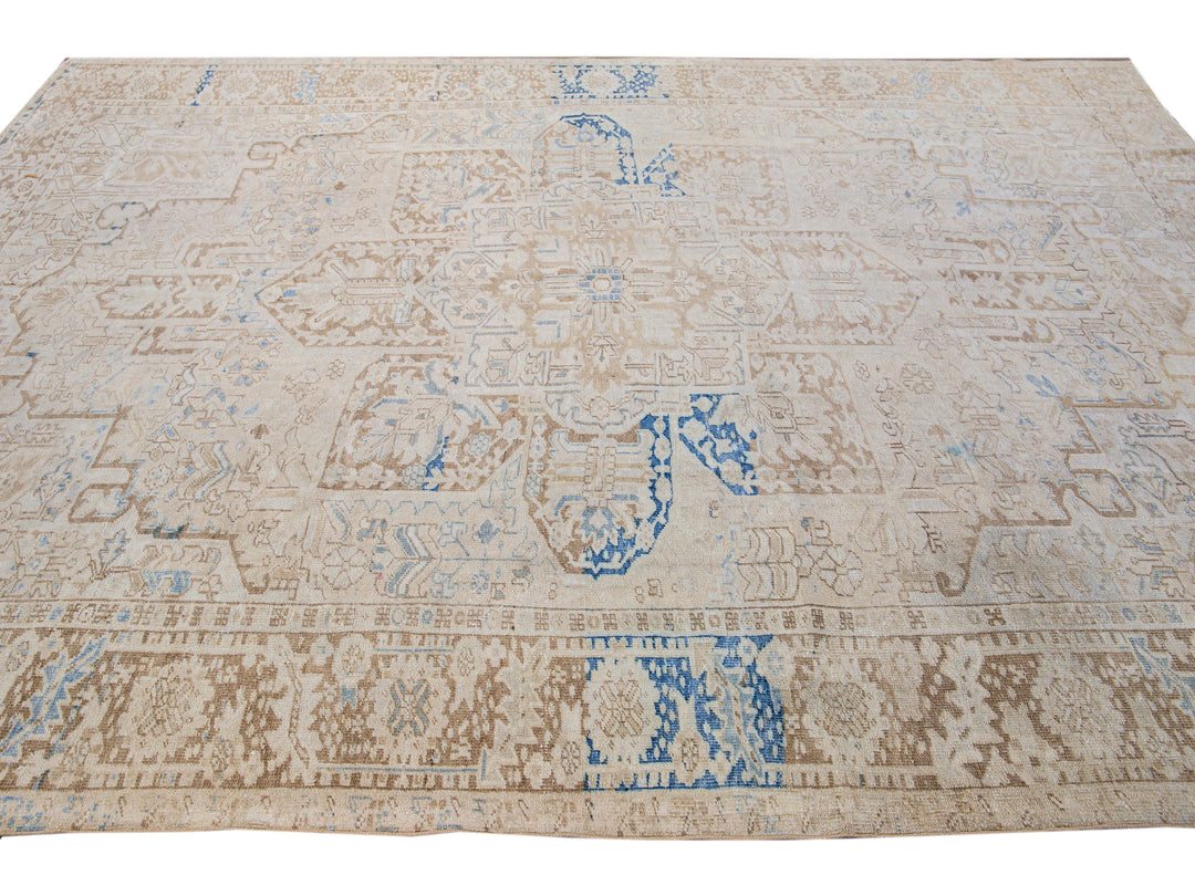 Antique Persian Heriz Handmade Medallion Designed Beige and Blue Wool Rug