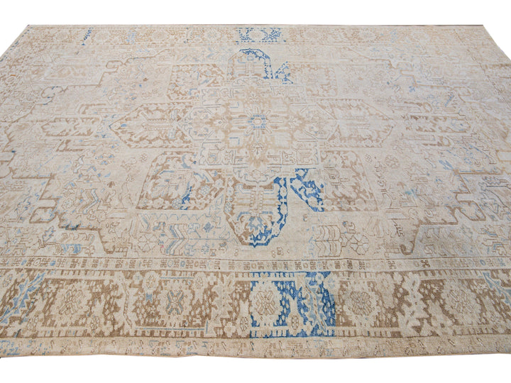 Antique Persian Heriz Handmade Medallion Designed Beige and Blue Wool Rug