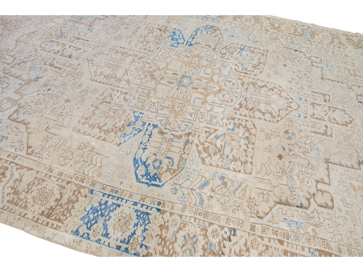 Antique Persian Heriz Handmade Medallion Designed Beige and Blue Wool Rug