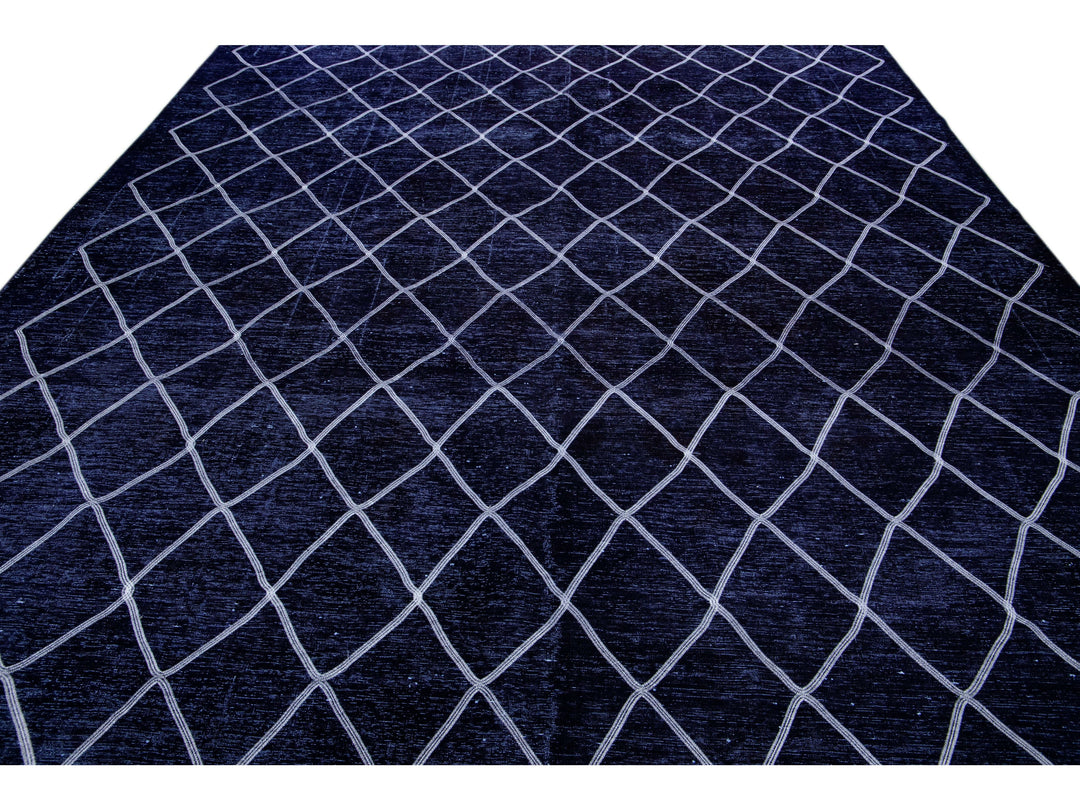 Modern Navy Blue Turkish Handmade Diamond Trellis Designed Wool Rug