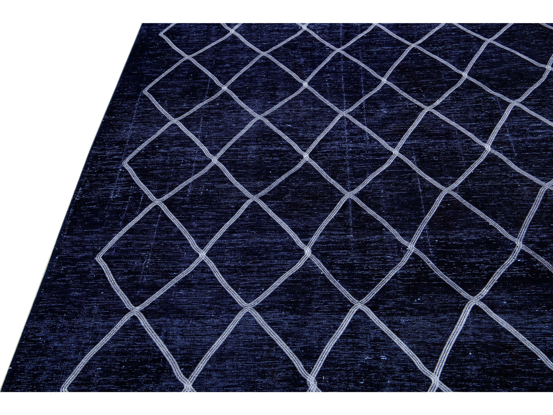 Modern Navy Blue Turkish Handmade Diamond Trellis Designed Wool Rug