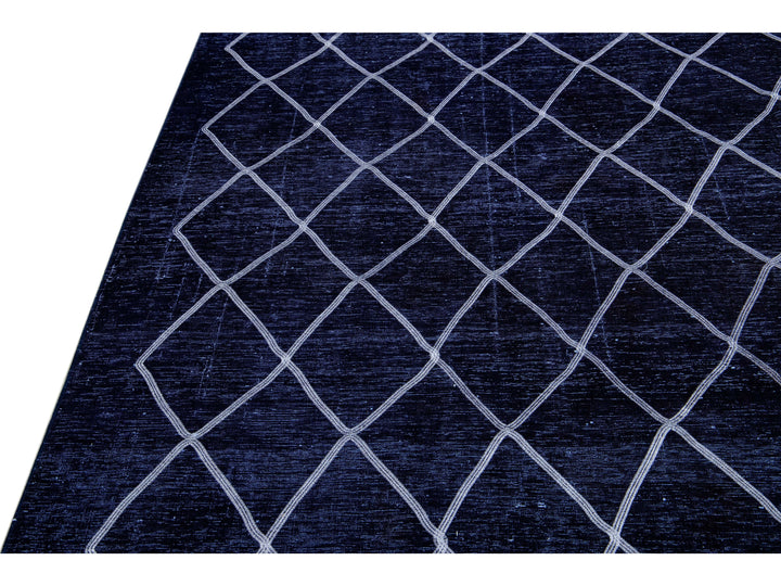 Modern Navy Blue Turkish Handmade Diamond Trellis Designed Wool Rug