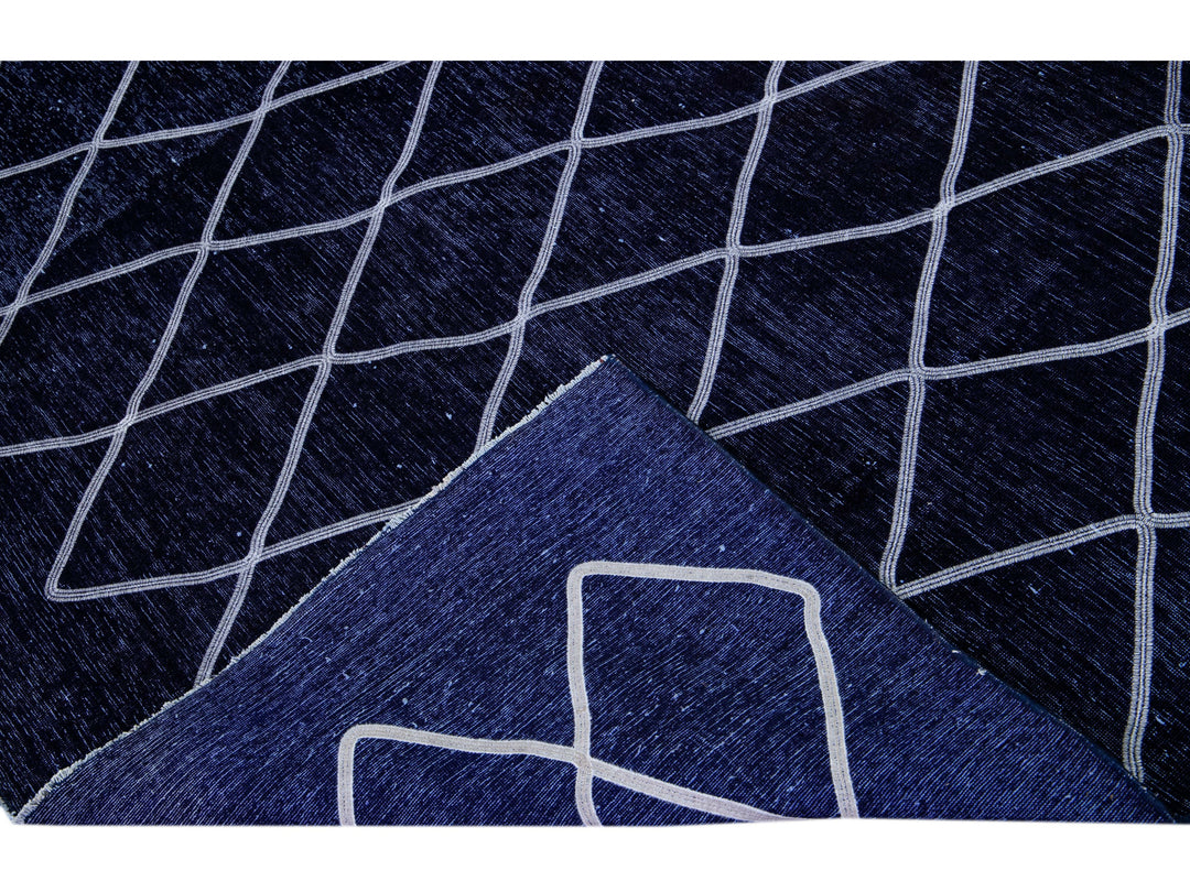 Modern Navy Blue Turkish Handmade Diamond Trellis Designed Wool Rug