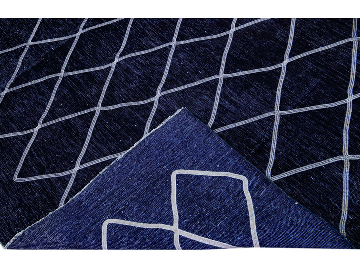 Modern Navy Blue Turkish Handmade Diamond Trellis Designed Wool Rug