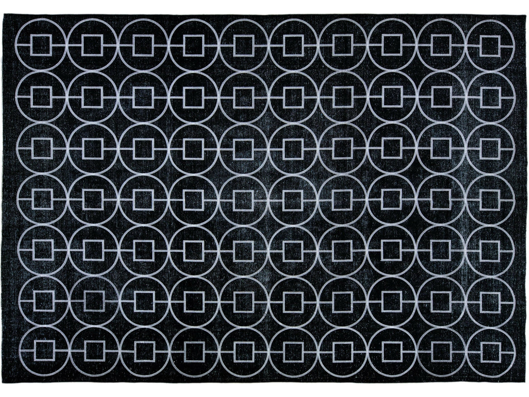 Modern Turkish Black Handmade Geometric Motif Wool Rug
