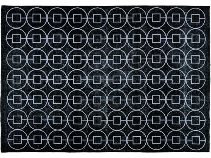 Modern Turkish Black Handmade Geometric Motif Wool Rug