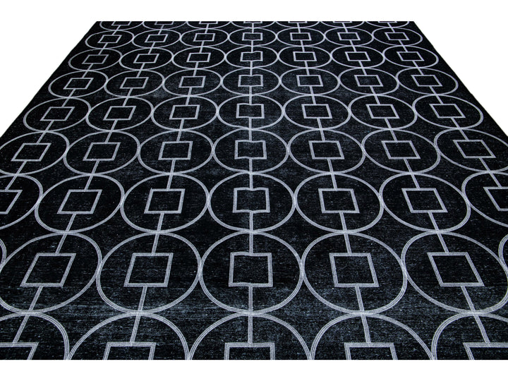 Modern Turkish Black Handmade Geometric Motif Wool Rug