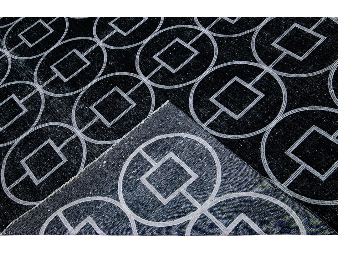 Modern Turkish Black Handmade Geometric Motif Wool Rug