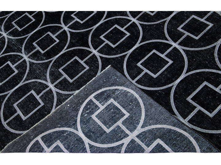 Modern Turkish Black Handmade Geometric Motif Wool Rug